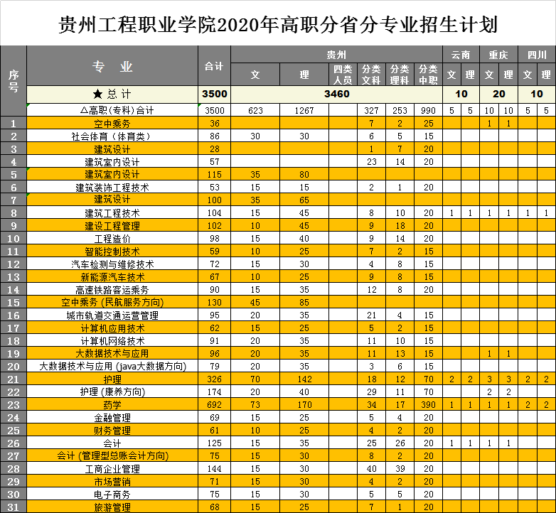 贵州工程职业学院2020年高职分省分专业招生计划(图1)